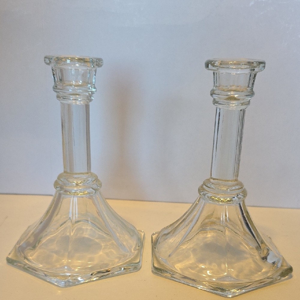 Pair Of Vintage Homco Glass Column Candlesticks 6 Inches Tall